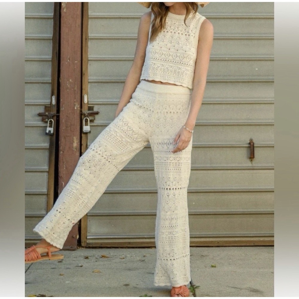 House of Harlow 1960 Ivory Crochet Wide-Leg Pants XS Hippie Boho 70s Festival